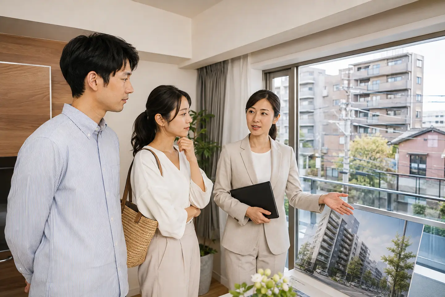 明るい相談スペースで中古マンション購入の計画を整理する様子