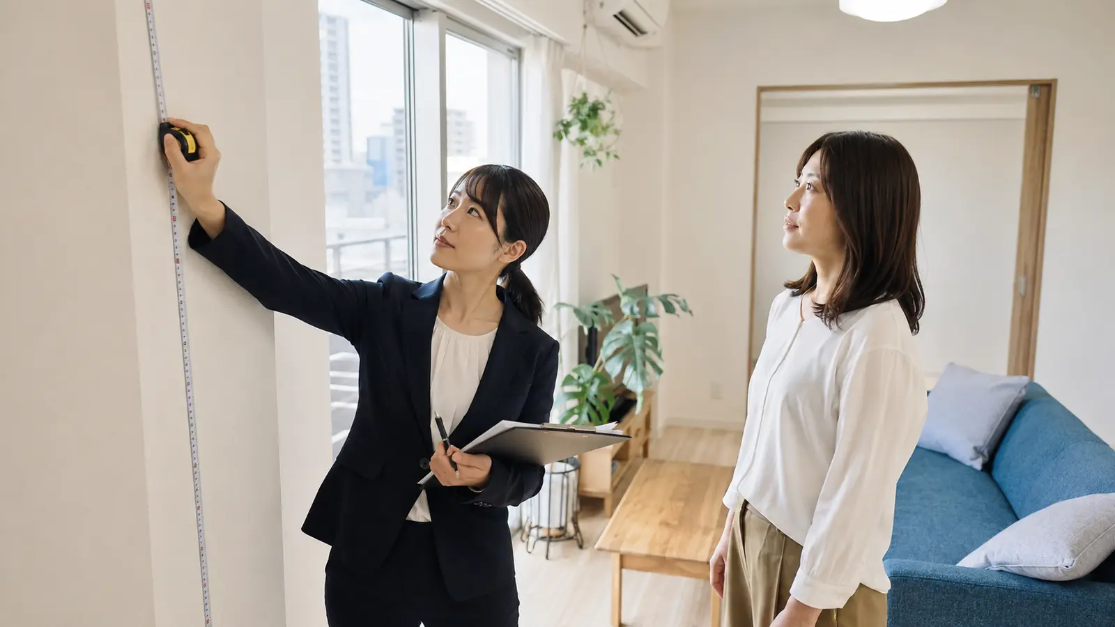 マンションの訪問査定で室内の状態を確認する不動産担当者