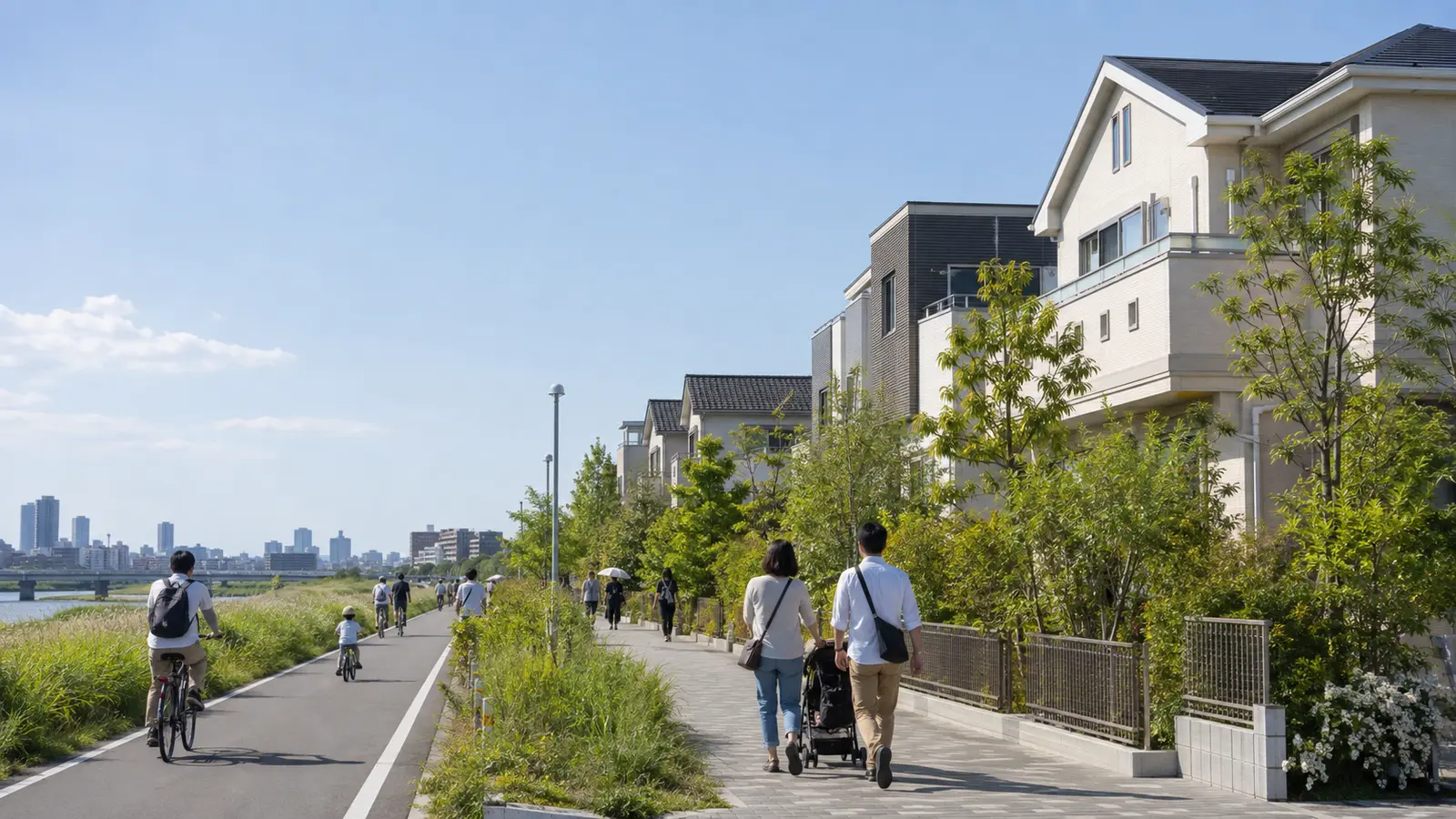 江戸川区の川沿いの住宅街とサイクリングロード