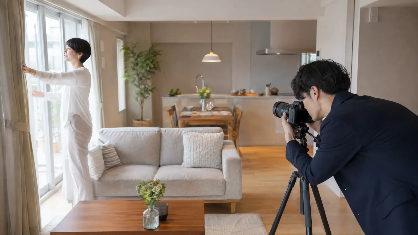 マンション売却前に室内を整え写真撮影する様子