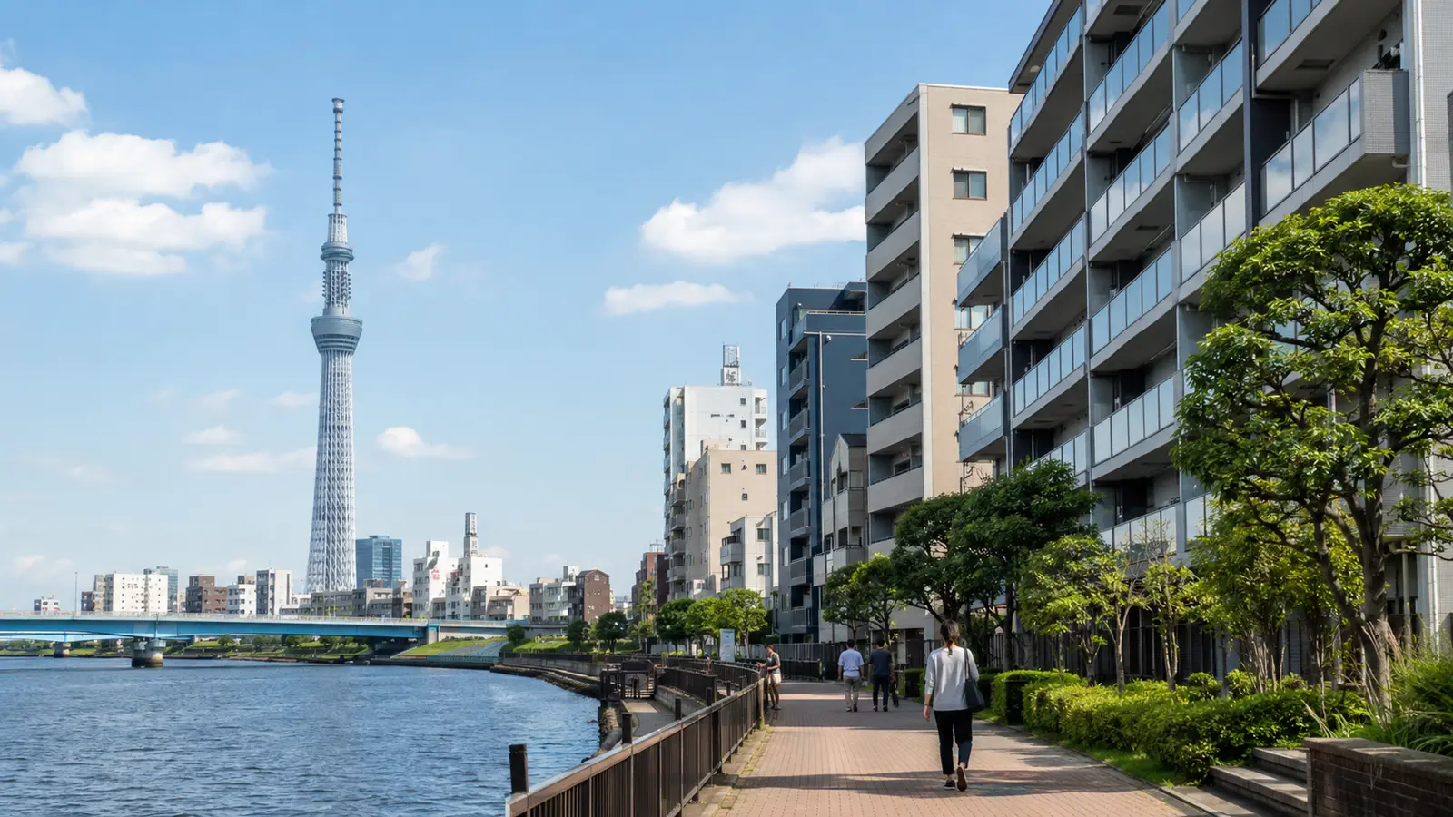 墨田区の隅田川沿いに並ぶマンションと東京の街並み