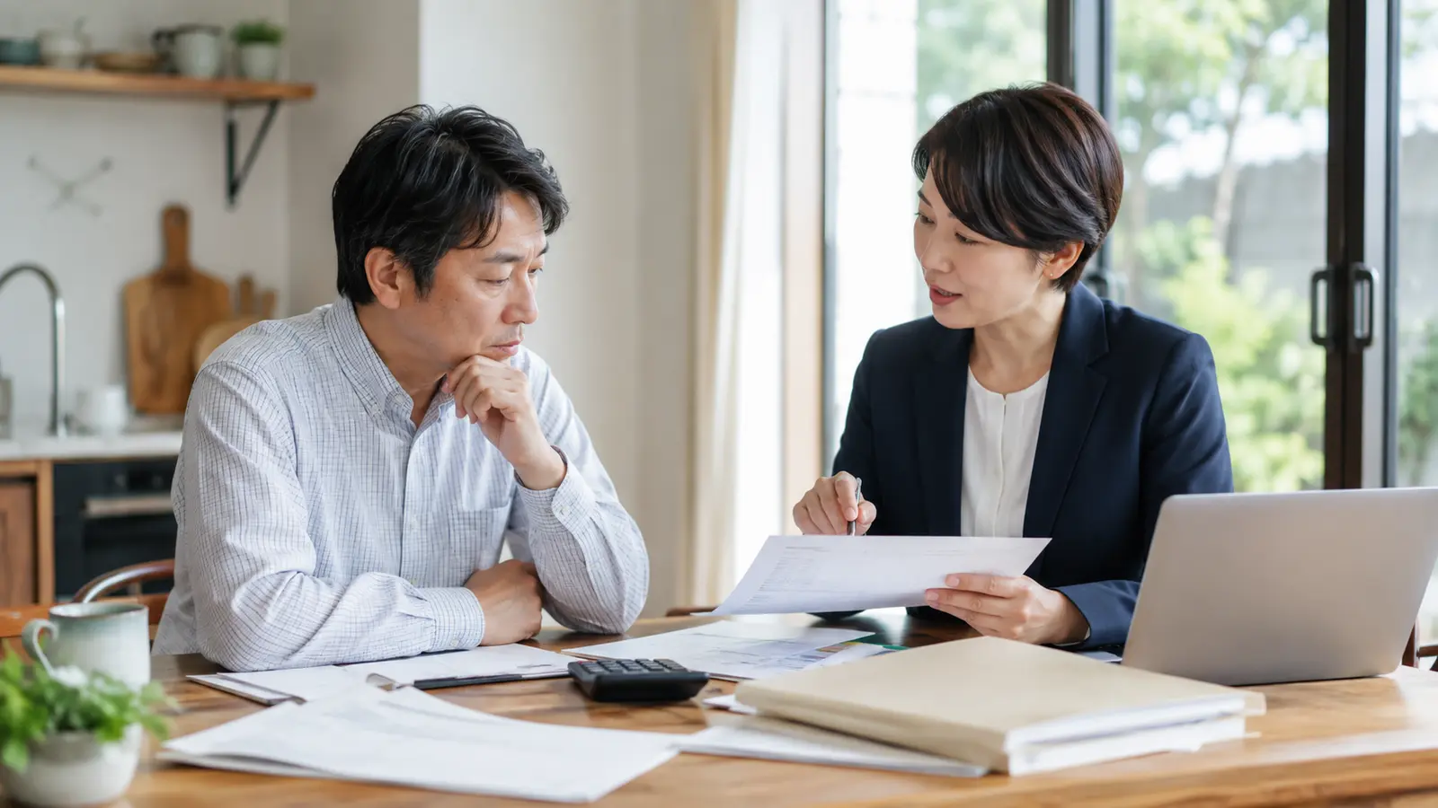 不動産売却後の税金と手取り金額を資料と電卓で確認する様子