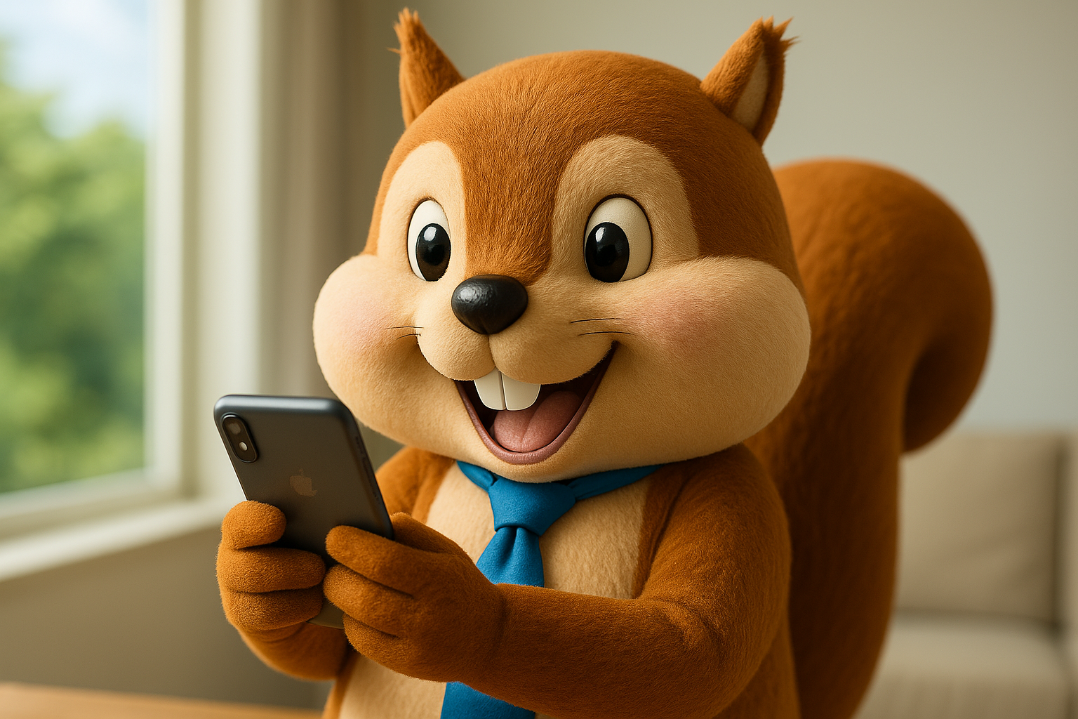 スマホを持って喜ぶフリスムのキャラクター